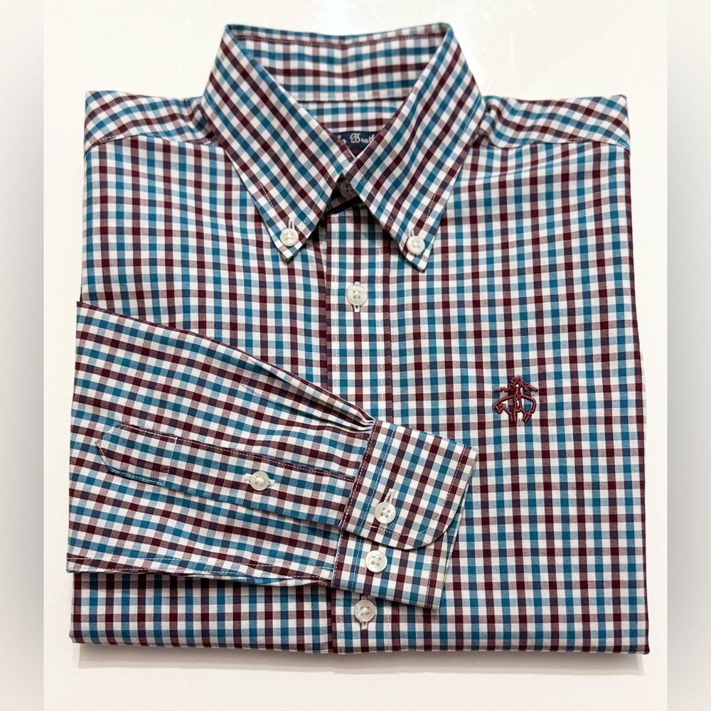 Brooks Brothers Boys Non-Iron Burgundy and Teal Plaid Sport Shirt - S